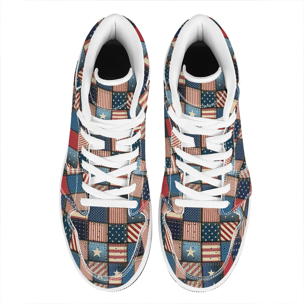USA Denim Patchwork Pattern Print High Top Leather Sneakers