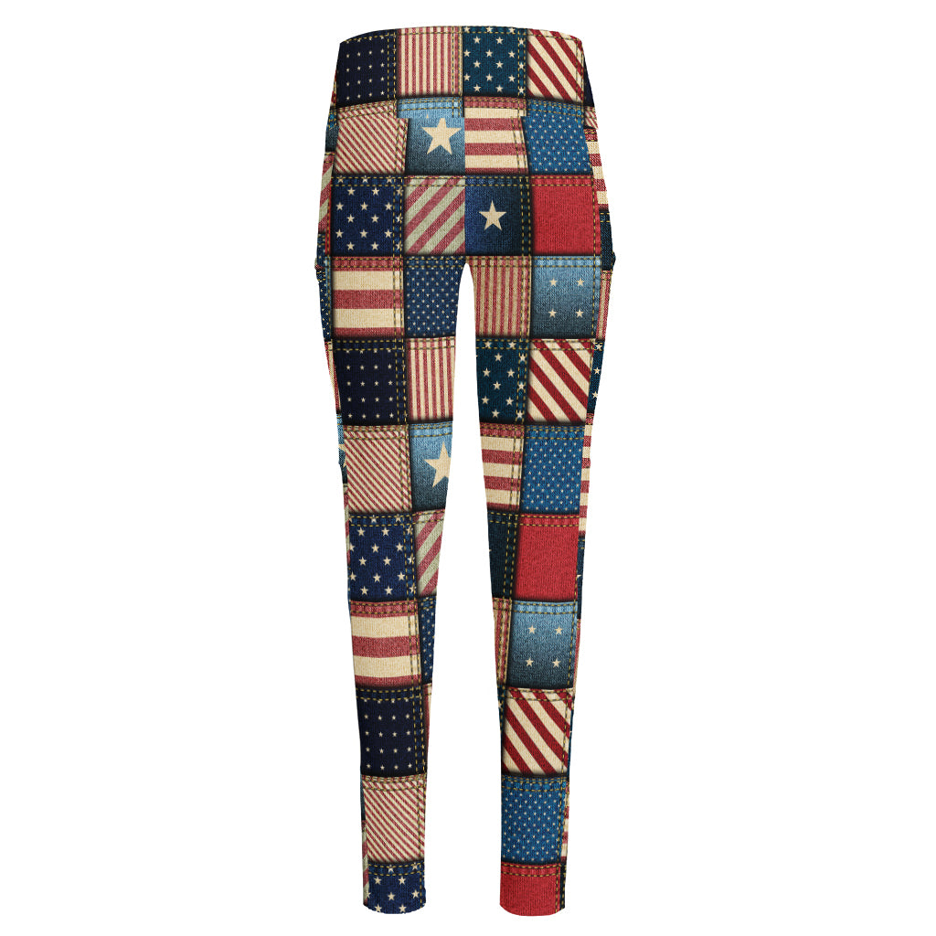 USA Denim Patchwork Pattern Print High-Waisted Pocket Leggings