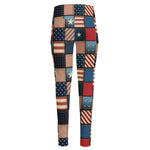 USA Denim Patchwork Pattern Print High-Waisted Pocket Leggings