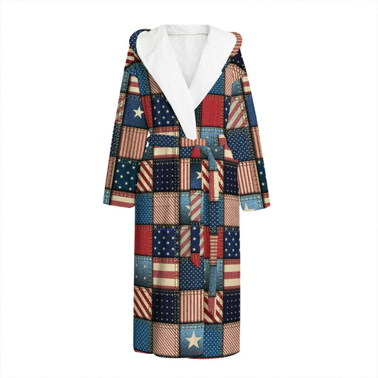 USA Denim Patchwork Pattern Print Hooded Bathrobe