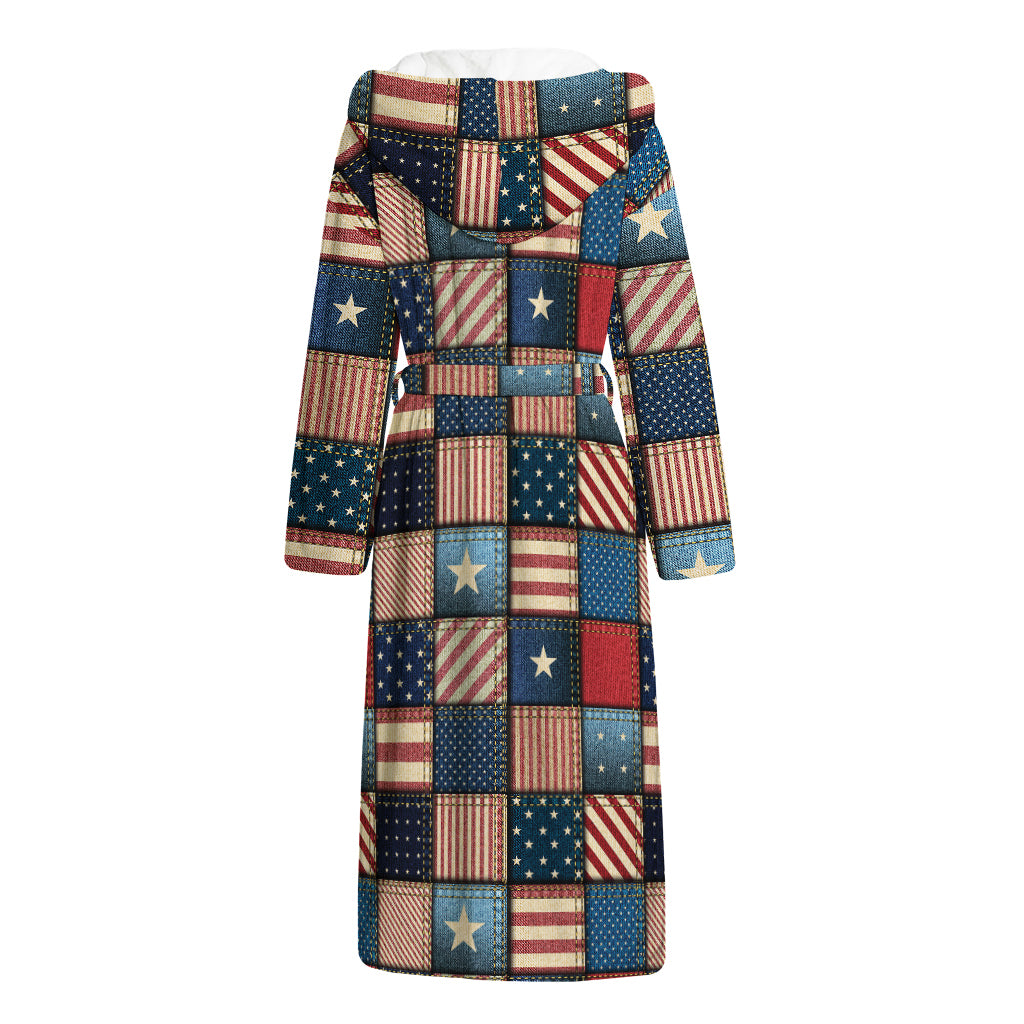 USA Denim Patchwork Pattern Print Hooded Bathrobe