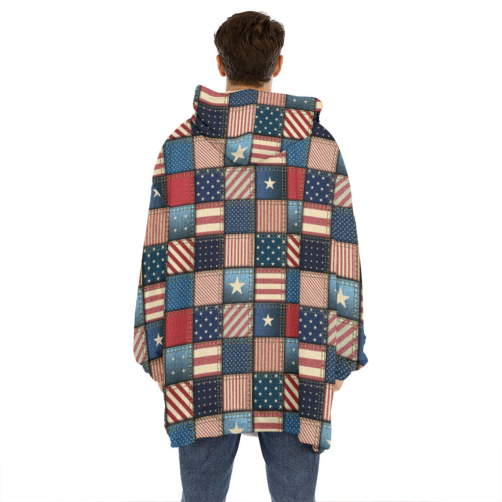 USA Denim Patchwork Pattern Print Hoodie Blanket