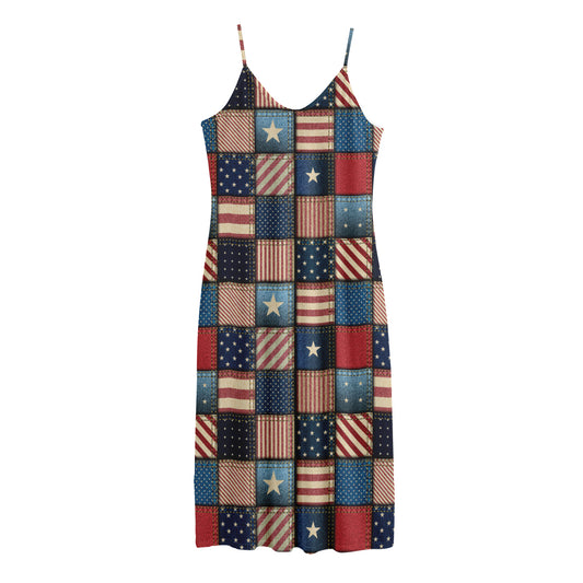 USA Denim Patchwork Pattern Print Jersey Midi Cami Dress