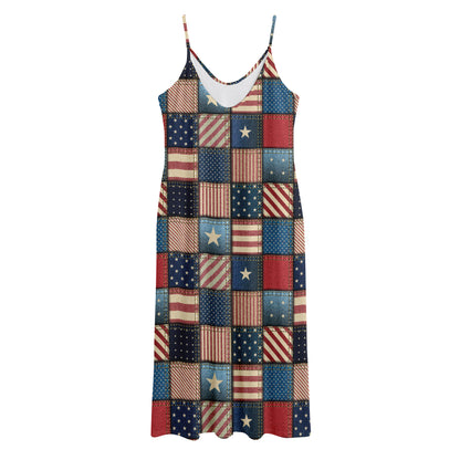 USA Denim Patchwork Pattern Print Jersey Midi Cami Dress