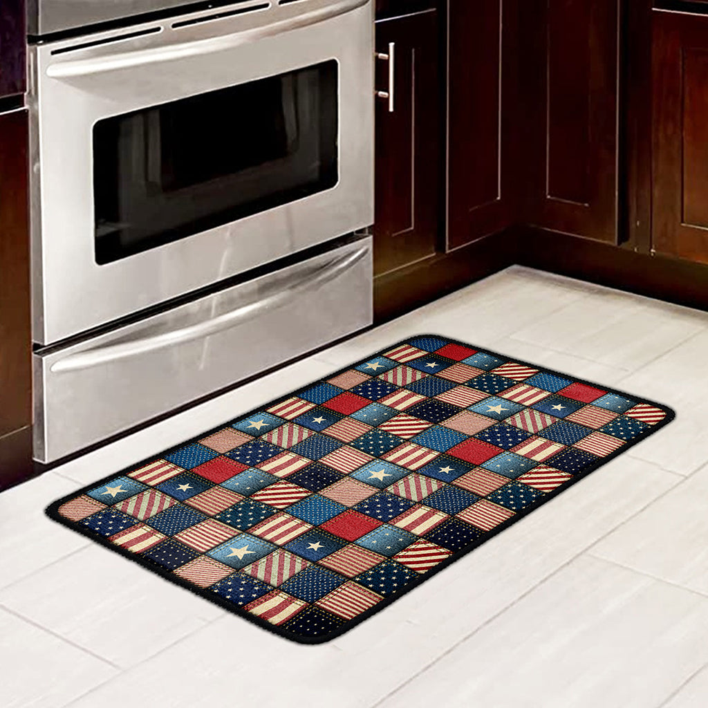 USA Denim Patchwork Pattern Print Kitchen Mat