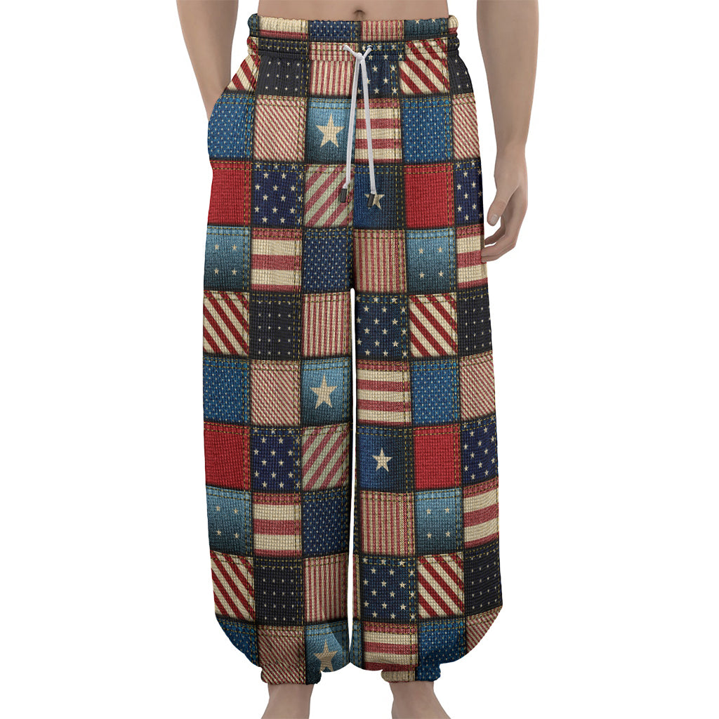 USA Denim Patchwork Pattern Print Lantern Pants
