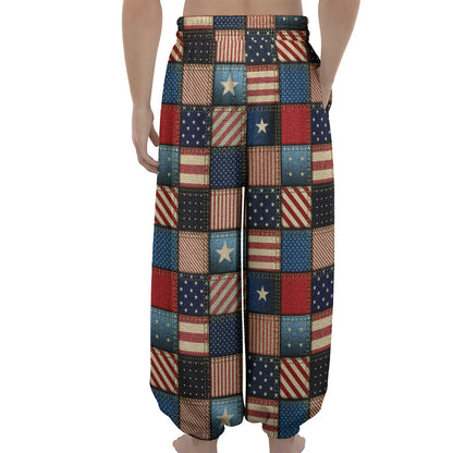 USA Denim Patchwork Pattern Print Lantern Pants