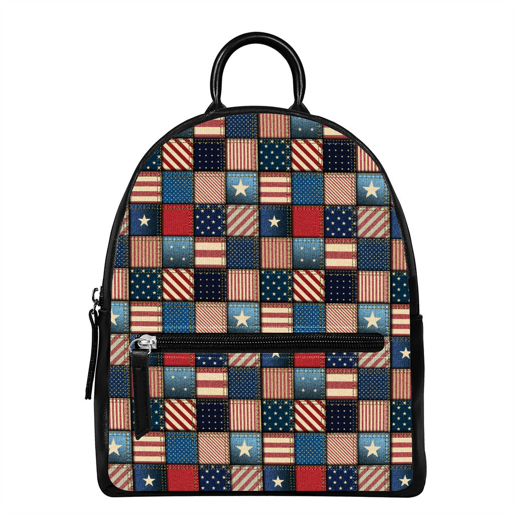USA Denim Patchwork Pattern Print Leather Backpack