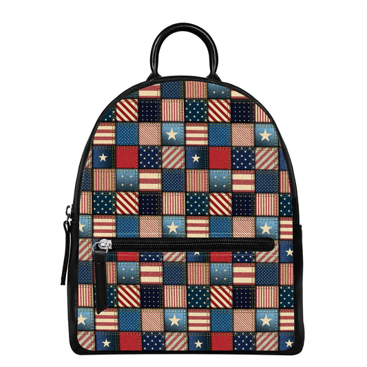 USA Denim Patchwork Pattern Print Leather Backpack
