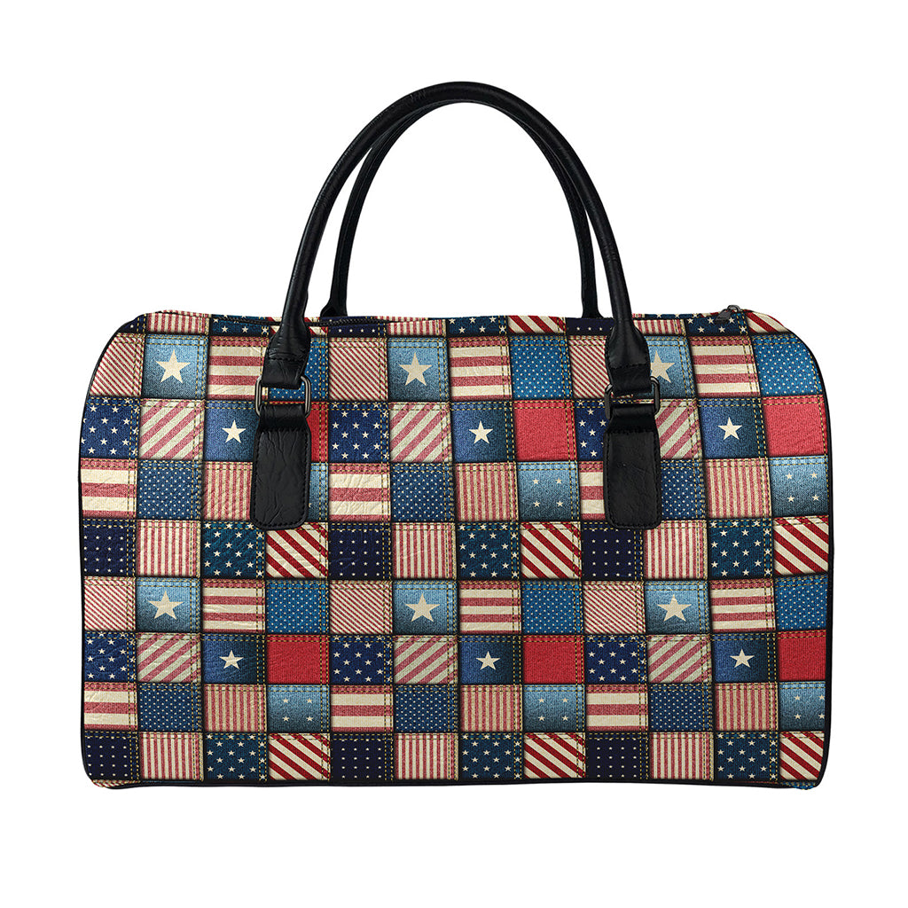 USA Denim Patchwork Pattern Print Leather Duffle Bag