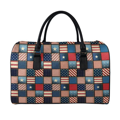 USA Denim Patchwork Pattern Print Leather Duffle Bag