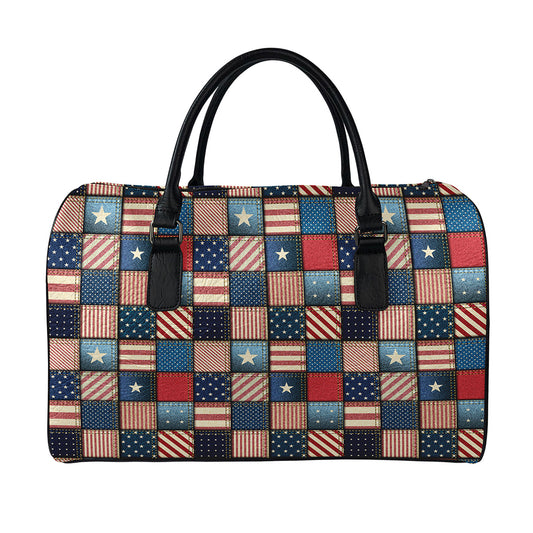 USA Denim Patchwork Pattern Print Leather Duffle Bag