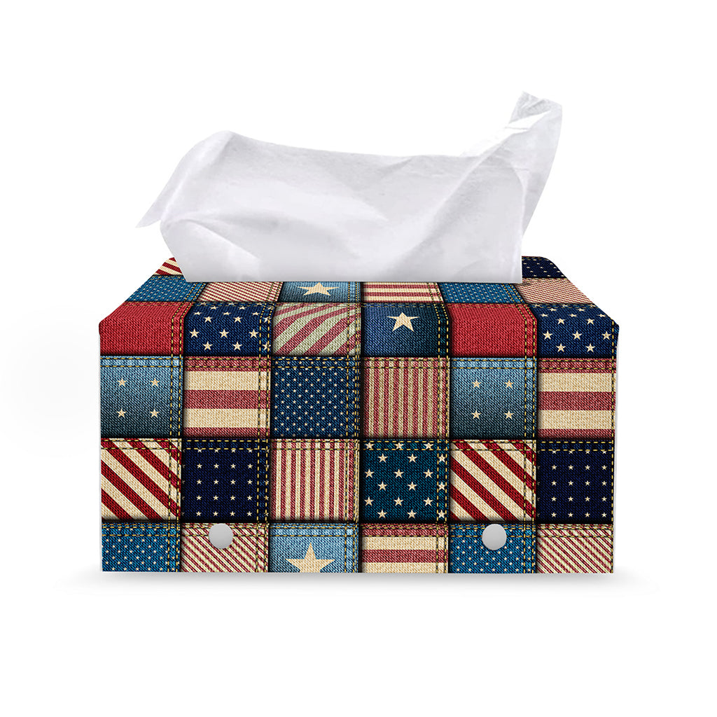 USA Denim Patchwork Pattern Print Leather Tissue Box Cover