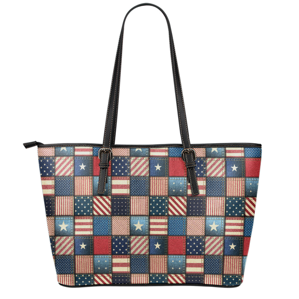 USA Denim Patchwork Pattern Print Leather Tote Bag
