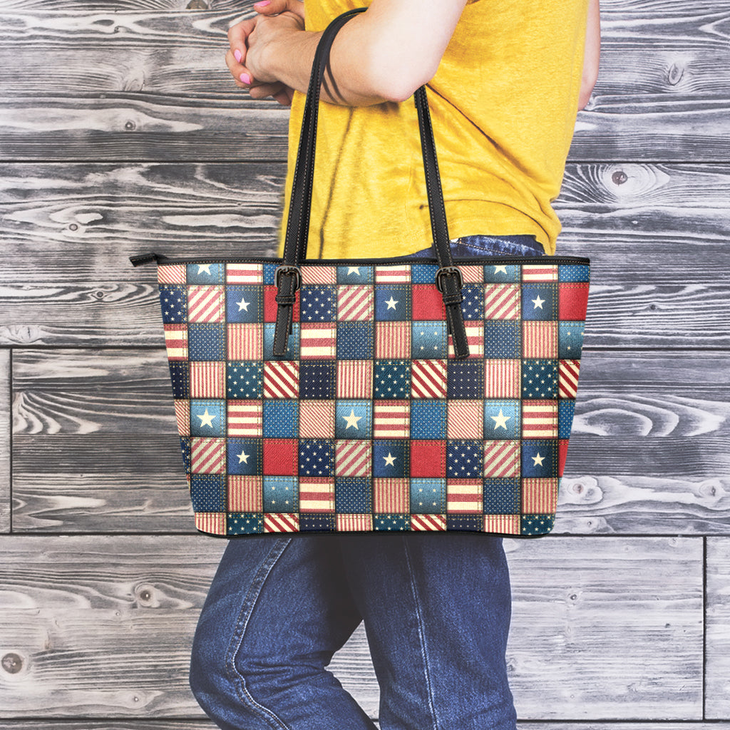 USA Denim Patchwork Pattern Print Leather Tote Bag