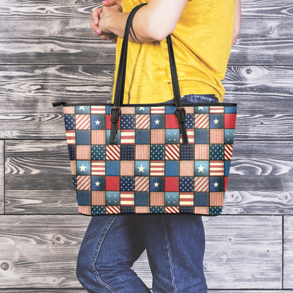 USA Denim Patchwork Pattern Print Leather Tote Bag