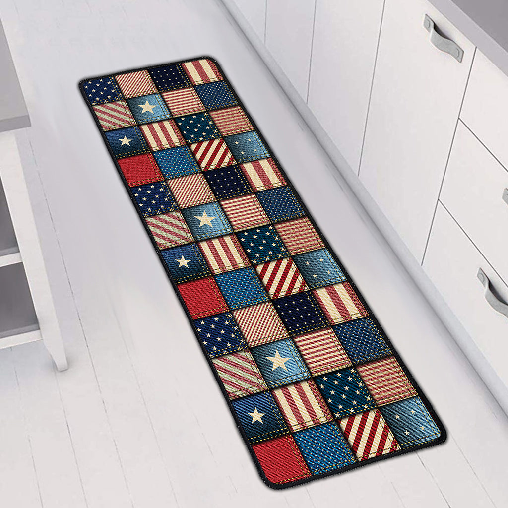 USA Denim Patchwork Pattern Print Long Kitchen Mat