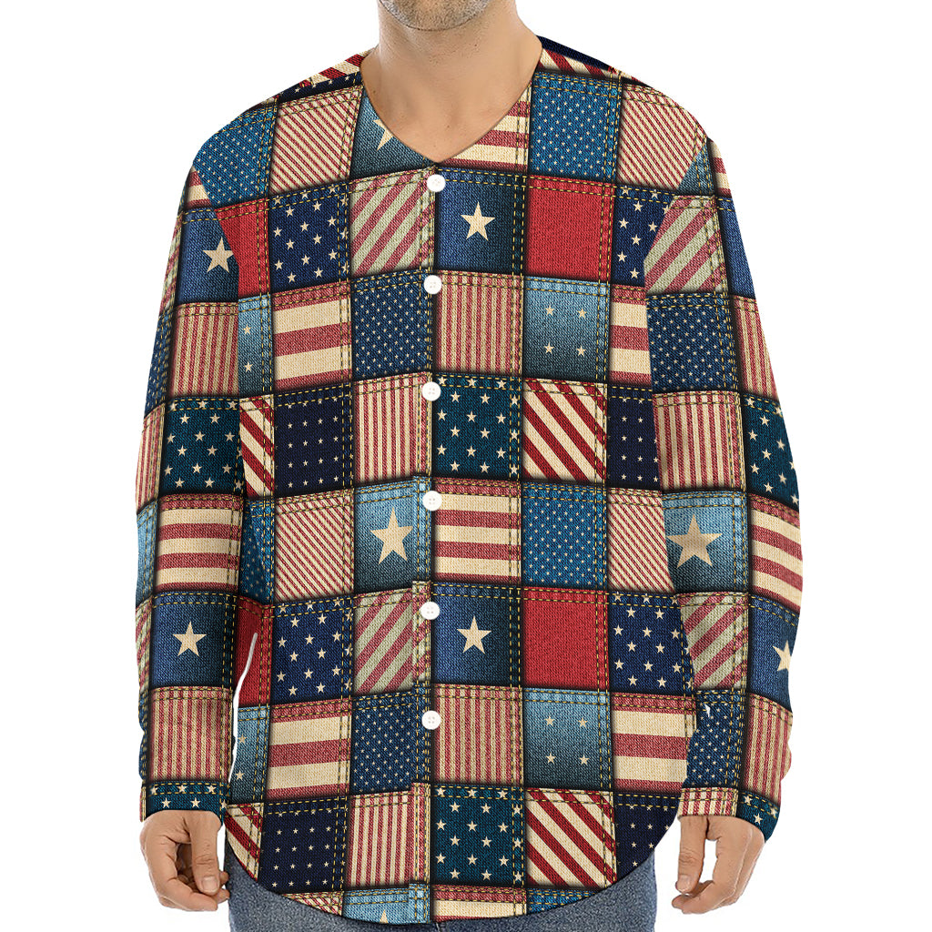 USA Denim Patchwork Pattern Print Long Sleeve Baseball Jersey