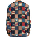 USA Denim Patchwork Pattern Print Long Sleeve Baseball Jersey