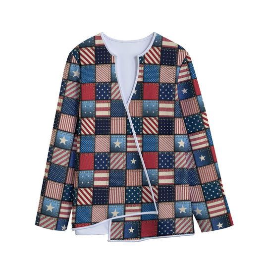 USA Denim Patchwork Pattern Print Long Sleeve Short Coat