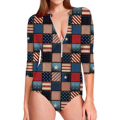 USA Denim Patchwork Pattern Print Long Sleeve Swimsuit