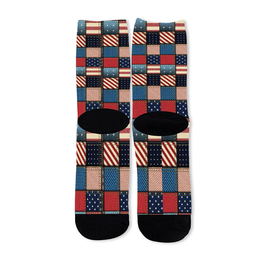 USA Denim Patchwork Pattern Print Long Socks
