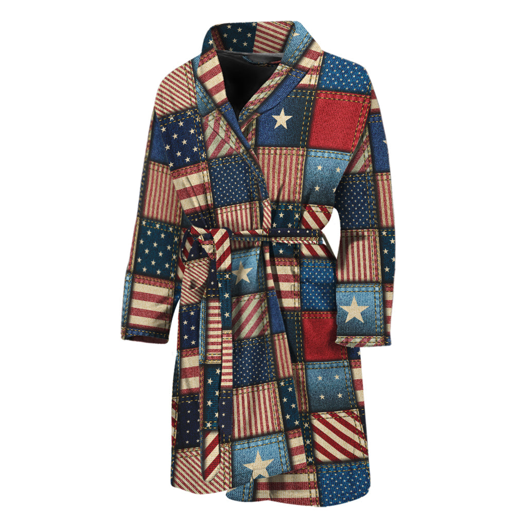 USA Denim Patchwork Pattern Print Men's Bathrobe