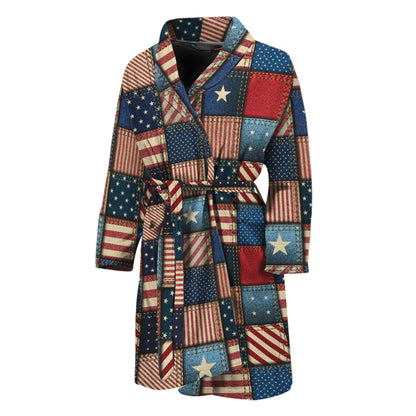 USA Denim Patchwork Pattern Print Men's Bathrobe