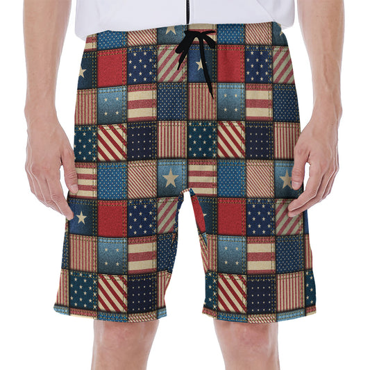 USA Denim Patchwork Pattern Print Men's Beach Shorts