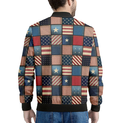 USA Denim Patchwork Pattern Print Men's Bomber Jacket
