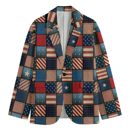 USA Denim Patchwork Pattern Print Men's Cotton Blazer