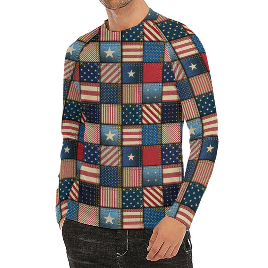 USA Denim Patchwork Pattern Print Men's Long Sleeve Rash Guard