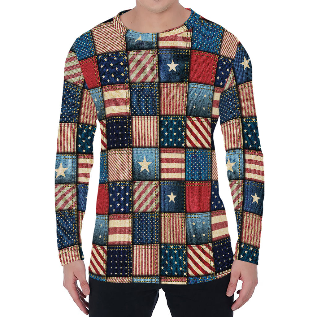 USA Denim Patchwork Pattern Print Men's Long Sleeve T-Shirt