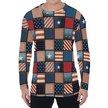 USA Denim Patchwork Pattern Print Men's Long Sleeve T-Shirt