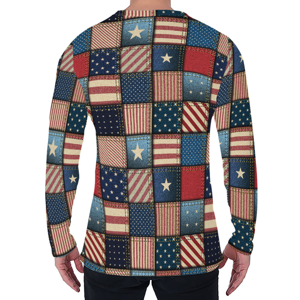 USA Denim Patchwork Pattern Print Men's Long Sleeve T-Shirt