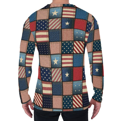 USA Denim Patchwork Pattern Print Men's Long Sleeve T-Shirt