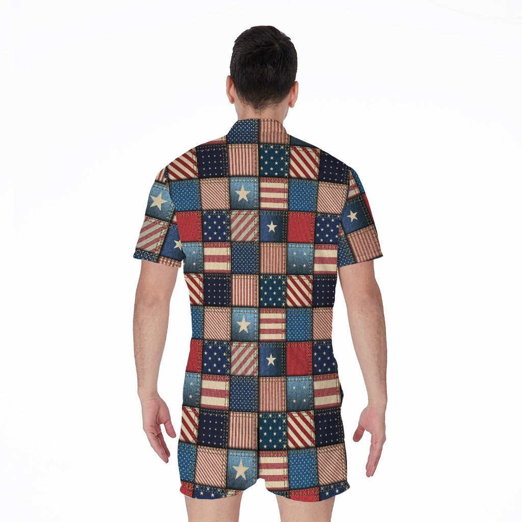 USA Denim Patchwork Pattern Print Men's Rompers