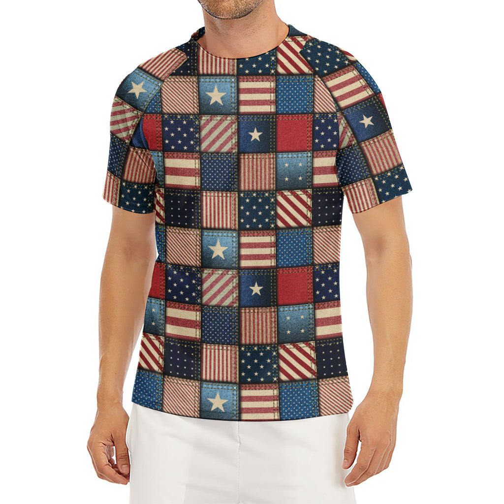 USA Denim Patchwork Pattern Print Men's Short Sleeve Rash Guard