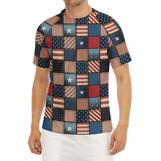USA Denim Patchwork Pattern Print Men's Short Sleeve Rash Guard