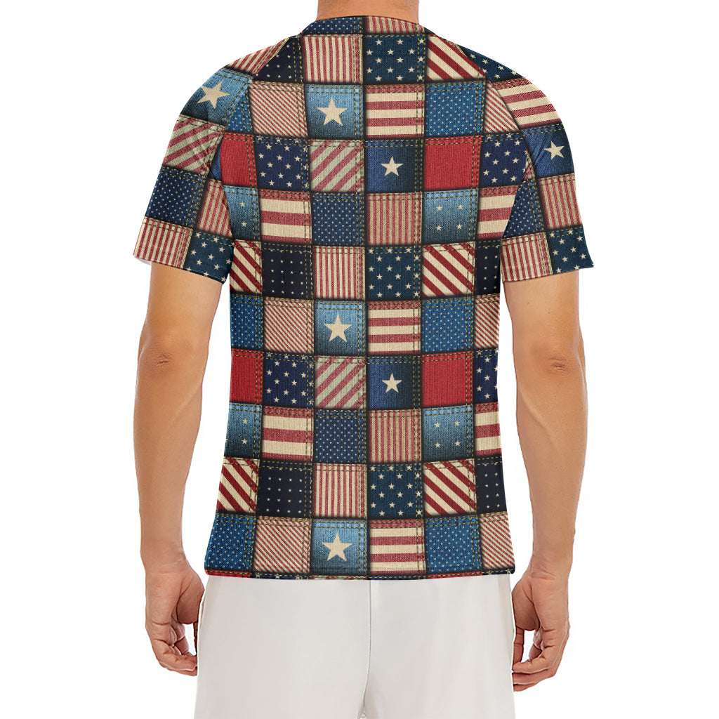 USA Denim Patchwork Pattern Print Men's Short Sleeve Rash Guard