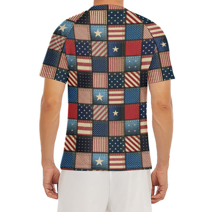 USA Denim Patchwork Pattern Print Men's Short Sleeve Rash Guard