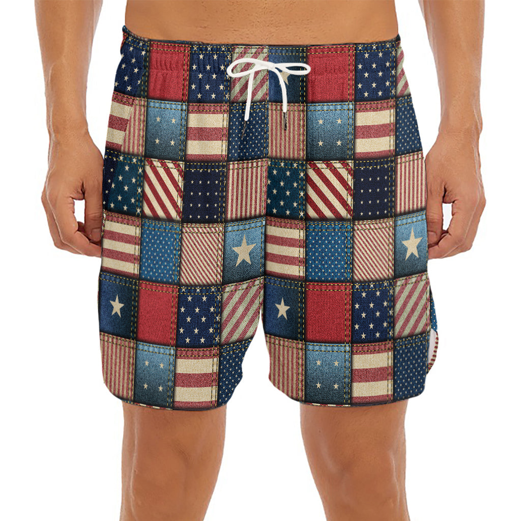 USA Denim Patchwork Pattern Print Men's Split Running Shorts