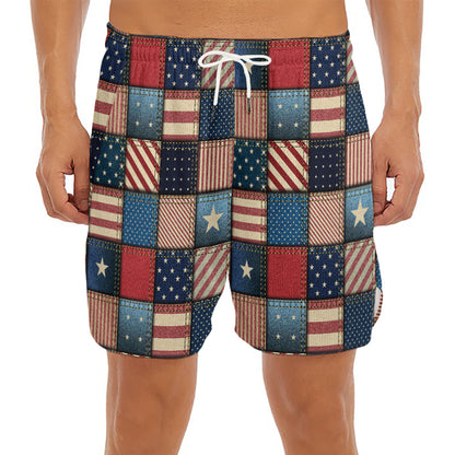 USA Denim Patchwork Pattern Print Men's Split Running Shorts