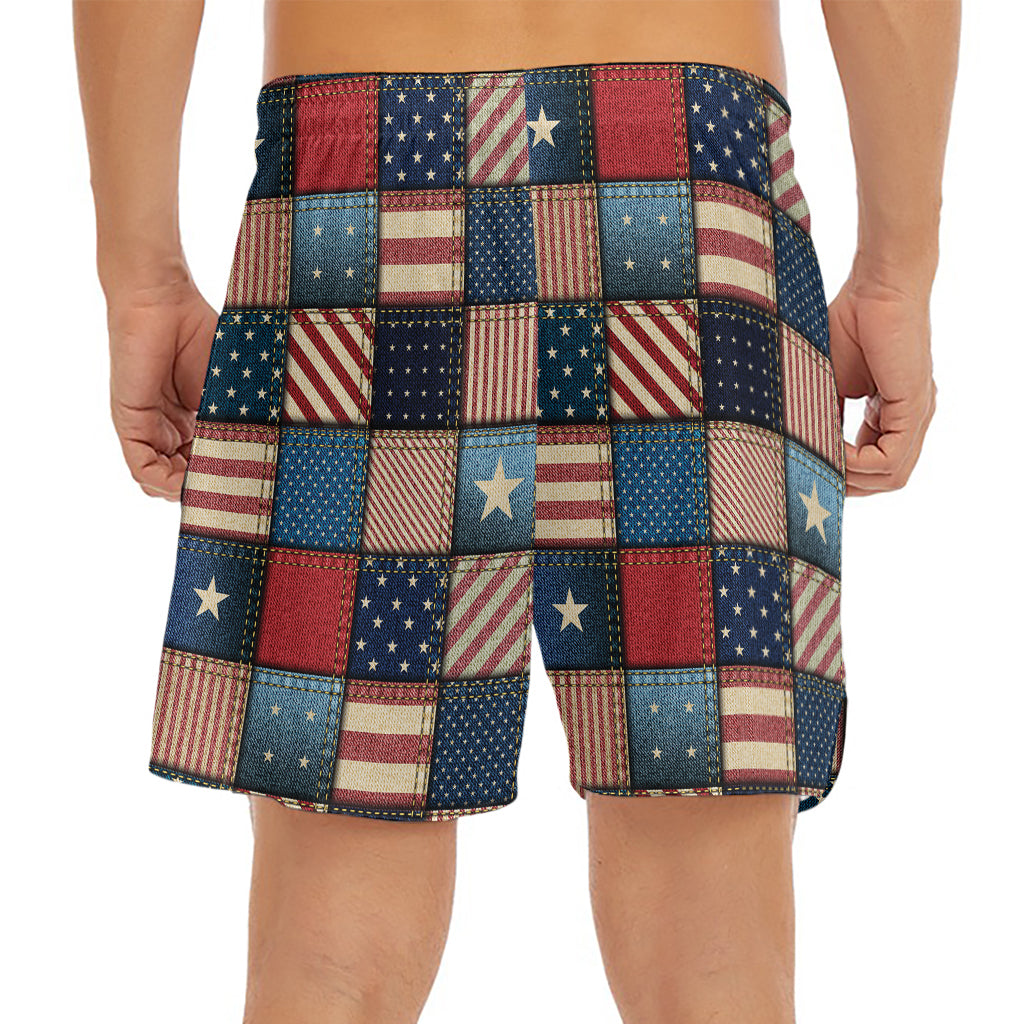 USA Denim Patchwork Pattern Print Men's Split Running Shorts