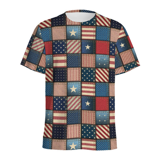 USA Denim Patchwork Pattern Print Men's Sports T-Shirt