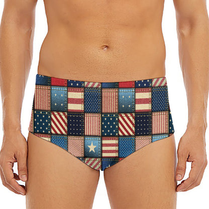 USA Denim Patchwork Pattern Print Men's Triangle Swim Briefs