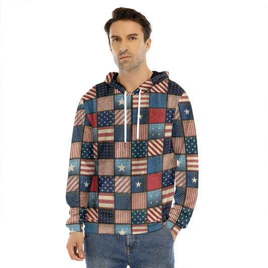 USA Denim Patchwork Pattern Print Men's Velvet Pullover Hoodie