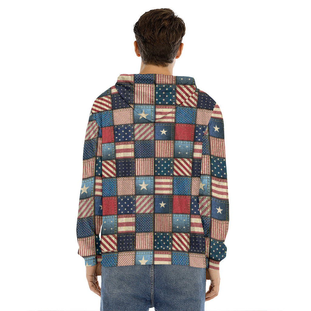 USA Denim Patchwork Pattern Print Men's Velvet Pullover Hoodie