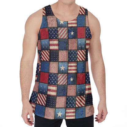 USA Denim Patchwork Pattern Print Men's Velvet Tank Top