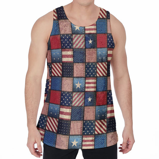 USA Denim Patchwork Pattern Print Men's Velvet Tank Top